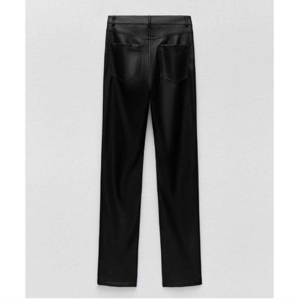 Zara Extra Long Faux Leather Straight Leggings Pants Ankle Slit - Picture 6 of 11